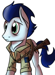 Size: 1024x1393 | Tagged: dead source, safe, artist:onyourownaccord, soarin', g4, clothes, gun, male, rifle, simple background, solo, transparent background