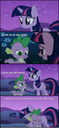 Size: 1000x2154 | Tagged: safe, spike, twilight sparkle, dragon, pony, unicorn, g4, owl's well that ends well, :o, comic, cute, dialogue, duo, duo male and female, eye contact, eyes closed, feels, female, frown, heartwarming, horn, hug, lucky bastard, male, mama twilight, open mouth, raised hoof, sad, screencap comic, smiling, spikelove, unicorn twilight