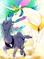 Size: 1200x1600 | Tagged: safe, artist:nabe, princess celestia, princess luna, horse, g4, boop, crying, cute, eyes closed, flying, galloping, grin, noseboop, nuzzling, pixiv, princess celestia is a horse, realistic, realistic anatomy, realistic horse legs, running, s1 luna, smiling, sparkles