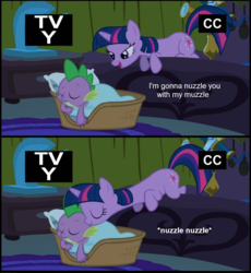 Size: 1000x1085 | Tagged: safe, edit, edited screencap, screencap, spike, twilight sparkle, dragon, pony, unicorn, g4, winter wrap up, baby, baby dragon, basket, basket bed, cute, daaaaaaaaaaaw, dialogue, eyes closed, female, leaning, lidded eyes, long neck, male, mama twilight, mare, nuzzling, open mouth, prone, screencap comic, sleeping, smiling, spikelove, text, tv-y, unicorn twilight