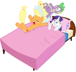 Size: 1024x970 | Tagged: safe, hundreds of users filter this tag, vector edit, applejack, rarity, spike, pony, unicorn, g4, bed, blanket, happy, jumping, pillow, show accurate, simple background, transparent background, vector