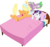 Size: 1024x970 | Tagged: safe, hundreds of users filter this tag, vector edit, applejack, rarity, spike, pony, unicorn, g4, bed, blanket, happy, jumping, pillow, show accurate, simple background, transparent background, vector