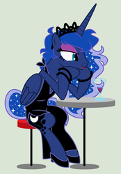 Size: 1600x2305 | Tagged: safe, artist:evilfrenzy, princess luna, alicorn, pony, g4, alternate hairstyle, clothes, dress, drink, female, makeup, mare, sitting, solo, table, vector