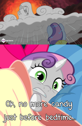 Size: 500x773 | Tagged: safe, edit, edited screencap, screencap, rarity, sweetie belle, for whom the sweetie belle toils, g4, somepony to watch over me, caption, hub logo, image macro, meme, raricloud, sweetie belle's nightmare, twitter