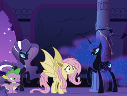 Size: 800x600 | Tagged: safe, fluttershy, nightmare moon, nightmare rarity, spike, g4, antagonist, duality, flutterbat