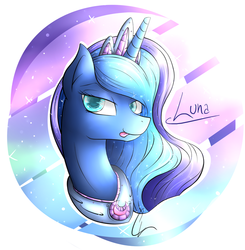 Size: 1024x1044 | Tagged: safe, artist:superjewishgoat, princess luna, g4, bedroom eyes, bust, female, licking, looking at you, smiling, solo, tongue out