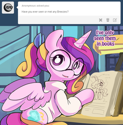 Size: 712x726 | Tagged: safe, artist:ende26, princess cadance, breezie, g4, adorkable, ask, book, clothes, cute, cutedance, dork, female, glasses, high school cadance, meganekko, solo, sweater, tumblr