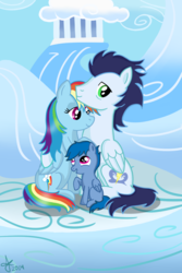 Size: 1000x1500 | Tagged: safe, artist:ojos-color-bosque, rainbow dash, soarin', oc, g4, cloud, cloudy, colt, family, male, offspring, parent:rainbow dash, parent:soarin', parents:soarindash, ship:soarindash, shipping, sitting, smiling, straight