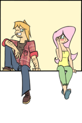 Size: 2000x3000 | Tagged: safe, artist:doggonepony, big macintosh, fluttershy, human, g4, blushing, boots, female, high res, humanized, male, out of frame, sandals, ship:fluttermac, shipping, sitting, straight