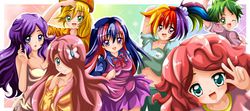 Size: 900x400 | Tagged: safe, artist:abbyc26, applejack, fluttershy, pinkie pie, rainbow dash, rarity, spike, twilight sparkle, human, g4, anime, humanized, mane seven, mane six