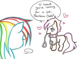 Size: 900x675 | Tagged: dead source, safe, artist:paranoiaagentothello, rainbow dash, scootaloo, pegasus, pony, g4, ..., blushing, collar, heart, leash, mouth hold, pet play, scootapet, wingless