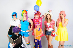 Size: 1920x1275 | Tagged: safe, artist:toshiyamioka, applejack, dj pon-3, fluttershy, pinkie pie, rainbow dash, scootaloo, twilight sparkle, vinyl scratch, human, g4, 2012, convention, cosplay, irl, irl human, photo, saboten con, saboten con 2012, target demographic