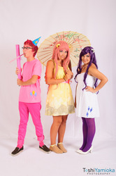 Size: 1275x1920 | Tagged: safe, artist:toshiyamioka, fluttershy, pinkie pie, rarity, human, g4, 2012, clothes, convention, cosplay, glasses, hat, irl, irl human, party hat, party horn, photo, san japan, strapless, umbrella