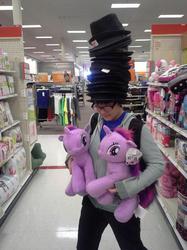 Size: 500x667 | Tagged: safe, twilight sparkle, human, g4, brony, deal with it, fedora shaming, hat, irl, irl human, photo, target (store), this isn't even my final form, towering pillar of hats, trilby