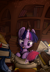 Size: 2067x2953 | Tagged: safe, artist:eto ya, twilight sparkle, pony, g4, book, candle, dark, female, golden oaks library, high res, library, magic, pile, quill, scroll, solo, table, tongue out, writing