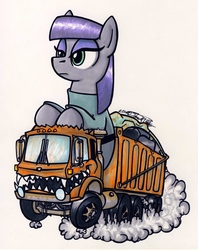 Size: 2319x2930 | Tagged: safe, artist:sketchywolf-13, maud pie, earth pony, pony, g4, crossover, female, high res, mare, maud being maud, rat fink, traditional art, truck