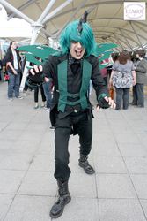 Size: 640x960 | Tagged: artist needed, safe, queen chrysalis, human, g4, clothes, convention, cosplay, fingerless gloves, gloves, irl, irl human, king metamorphosis, london mcm expo, photo, rule 63, solo