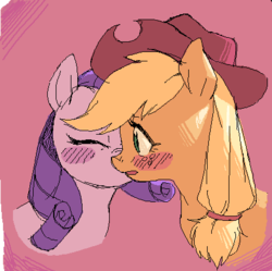 Size: 439x437 | Tagged: safe, artist:aruurara, applejack, rarity, earth pony, pony, unicorn, g4, blushing, cheek kiss, duo, female, kissing, lesbian, mare, ship:rarijack, shipping