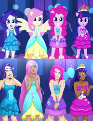 Size: 721x933 | Tagged: safe, artist:emberfan11, fluttershy, pinkie pie, rarity, twilight sparkle, equestria girls, g4, my little pony equestria girls, bare shoulders, chubby, clothes, comparison, dark skin, diversity, dress, fall formal outfits, female, human coloration, humanized, nail polish, open mouth, raptor hands, scene interpretation, screencap reference, sleeveless, strapless, twilight ball dress