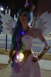 Size: 1024x1541 | Tagged: safe, artist:littlekiddens, princess celestia, human, g4, 2013, convention, cosplay, glowing, irl, irl human, katsucon, photo, solo