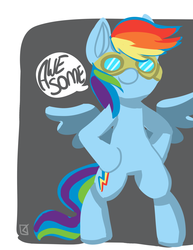 Size: 875x1134 | Tagged: dead source, safe, artist:fauxsquared, rainbow dash, pegasus, pony, g4, abstract background, bipedal, female, goggles, mare, simple background, solo, speech bubble, standing