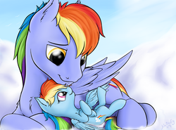 Size: 2700x2000 | Tagged: safe, artist:nobody47, rainbow blaze, rainbow dash, pegasus, pony, g4, cloud, cloudy, cuddling, cute, dashabetes, father and daughter, female, filly, fluffy, grin, high res, looking at each other, male, nuzzling, on back, prone, smiling, snuggling, stallion