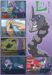 Size: 888x1280 | Tagged: safe, artist:vavacung, boulder (g4), maud pie, onix, g4, blushing, comic, crossover, engrish, hat, life with monster girl, party hat, pet rock, pokémon, rock, slice of life