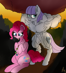 Size: 900x1000 | Tagged: safe, artist:baronbulge, maud pie, pinkie pie, g4, maud pie (episode), boulder, lifting, maud pump, muscles, wrong cutie mark