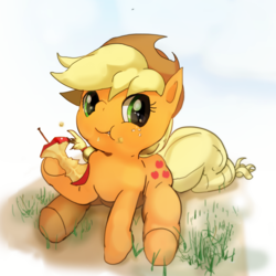 Size: 700x700 | Tagged: safe, artist:popon, artist:youhoujou, applejack, earth pony, pony, g4, apple, cute, eating, female, jackabetes, pixiv, sitting, solo