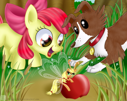 Size: 1125x900 | Tagged: safe, artist:swanlullaby, apple bloom, applejack, winona, breezie, g4, it ain't easy being breezies, apple, applebreezie, breeziefied, species swap