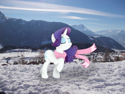 Size: 3648x2736 | Tagged: safe, artist:missbeigepony, artist:quanno3, rarity, pony, unicorn, g4, clothes, female, high res, horn, irl, mare, mountain, photo, ponies in real life, scarf, snow, solo, town, tree, vector, wallpaper