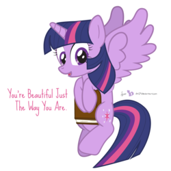Size: 950x950 | Tagged: safe, artist:dm29, twilight sparkle, alicorn, pony, g4, book, cute, dialogue, female, flying, hoof hold, inspired, looking at you, mare, mouthpiece, open mouth, positive message, positive ponies, simple background, smiling, solo, spread wings, talking to viewer, transparent background, twiabetes, twilight sparkle (alicorn)