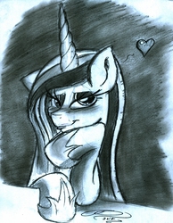 Size: 1589x2051 | Tagged: safe, artist:digitaldomain123, princess cadance, g4, blushing, doodle, female, heart, monochrome, sketch, solo, traditional art