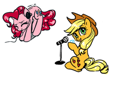 Size: 1000x707 | Tagged: artist needed, safe, applejack, pinkie pie, g4, headphones, microphone