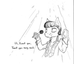 Size: 965x828 | Tagged: safe, artist:php64, pony, clothes, curly hair, elvis presley, microphone, monochrome, ponified, solo, spotlight, suit, traditional art