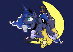 Size: 900x636 | Tagged: dead source, safe, artist:mistydash, princess luna, g4, blanket, crescent moon, cute, drink, female, magic, milkshake, moon, simple background, solo, tangible heavenly object