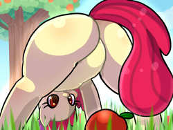 Size: 1024x768 | Tagged: safe, artist:ayahana, apple bloom, earth pony, pony, g4, apple, bloom butt, butt, featureless crotch, female, filly, foal, grass, looking between legs, outdoors, pixiv, plot, solo, tree