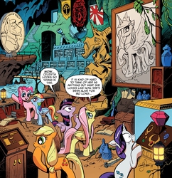 Size: 1376x1424 | Tagged: safe, artist:andy price, idw, applejack, fluttershy, pinkie pie, princess celestia, rainbow dash, rarity, star swirl the bearded, twilight sparkle, alicorn, pony, g4, spoiler:comic, spoiler:comic17, abraham lincoln, andy you magnificent bastard, banner, batcave, batman, cropped, dc comics, dracula, female, flag, gem, giant penny, golden gun, greed, gun, james bond, japan, mane six, mare, reflections star swirl, the man with the golden gun, twilight sparkle (alicorn)