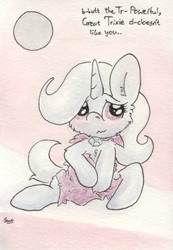 Size: 679x980 | Tagged: safe, artist:slightlyshade, trixie, pony, unicorn, g4, dialogue, female, fluffy, mare, shy, solo, stuttering, traditional art, tsundere