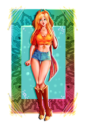 Size: 2480x3507 | Tagged: safe, artist:minamikoboyasy, applejack, human, g4, belly button, boots, clothes, female, front knot midriff, high heel boots, high heels, high res, humanized, midriff, shoes, solo