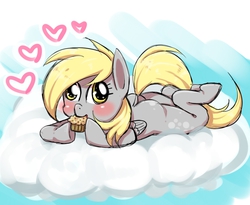 Size: 936x768 | Tagged: safe, artist:kiriya, derpy hooves, pegasus, pony, g4, cloud, cloudy, cute, derp, derpabetes, eating, female, heart, mare, muffin, solo, that pony sure does love muffins