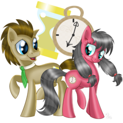 Size: 900x900 | Tagged: safe, artist:swanlullaby, doctor whooves, time turner, oc, oc:macdolia, earth pony, pony, g4, cutie mark, female, hourglass, male, mare, pocket watch, simple background, stallion, time travelers, transparent background