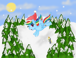 Size: 1340x1030 | Tagged: safe, artist:bubblehun, derpy hooves, rainbow dash, pegasus, pony, g4, female, hat, mare, santa hat, snow, snowfall