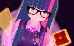 Size: 900x562 | Tagged: safe, artist:lynchly, twilight sparkle, human, g4, 3d, female, glasses, humanized, mmd, sandwich, solo