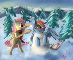 Size: 1200x1000 | Tagged: safe, artist:miokomata, fluttershy, rainbow dash, pony, g4, :c, bipedal, clothes, fangs, female, frown, hoof hold, lesbian, open mouth, scarf, ship:flutterdash, shipping, smiling, snow, snowman, snowpony, spread wings, stuck