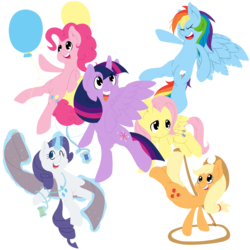 Size: 3000x3000 | Tagged: safe, artist:thepiplup, applejack, fluttershy, pinkie pie, rainbow dash, rarity, twilight sparkle, alicorn, earth pony, pegasus, pony, unicorn, g4, balloon, female, high res, lasso, magic, mane six, mare, simple background, thread, transparent background, twilight sparkle (alicorn)