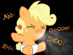 Size: 1024x768 | Tagged: safe, artist:proponypal, applejack, earth pony, pony, g4, baby, baby pony, babyjack, cold, diaper, female, filly, foal, gross, mucous, nostril flare, nostrils, red nosed, sick, sneezing, sneezing fetish, sneezing fit, sneezy, solo, spit, spray