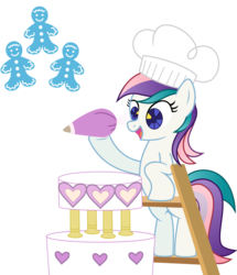 Size: 913x1061 | Tagged: safe, artist:kaylathehedgehog, gingerbread, pony, twinkle eyed pony, g1, g4, bipedal, cake, chef's hat, female, g1 to g4, generation leap, hat, hoof hold, ladder, simple background, solo, transparent background