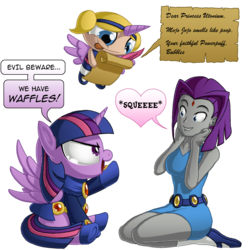 Size: 1000x1000 | Tagged: safe, artist:berrypawnch, twilight sparkle, alicorn, human, pony, g4, bubbles (powerpuff girls), crossover, cute, female, mare, personality swap, raven (dc comics), tara strong, teen titans, the powerpuff girls, twiabetes, twilight sparkle (alicorn), twiraven, voice actor joke