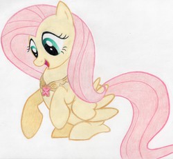 Size: 2663x2456 | Tagged: safe, artist:muffin mane, fluttershy, friendship is magic, g4, element of kindness, elements of harmony, female, high res, raised hoof, sitting, solo, traditional art